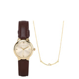 Fae Gold Leather Analog Watches with Necklace Set (Brown)