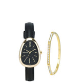 Fiona Gold Leather Analog Watches with Bangle Set (Black)