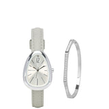 Fiona Silver Leather Analog Watches with Bangle Set (Grey)