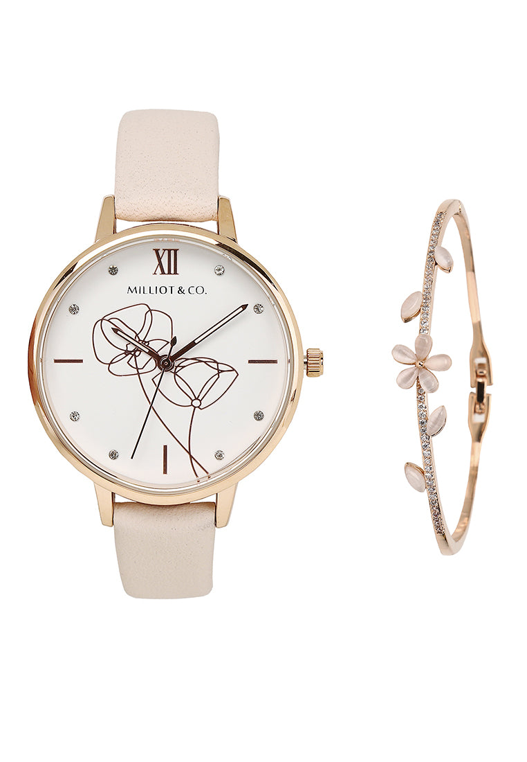 Fleta Leather Analog Watch Set (Almond)