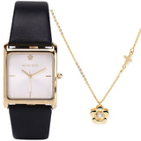 Atharis Gold Leather Watch with Necklace Set (Black)