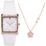 Atharis Rose Gold Leather  Watch with Necklace Set (White)