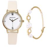 Shireen Gold Leather Watch with Bracelet Set  (White)