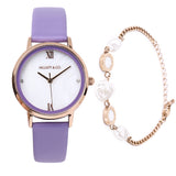 Shireen Rose Gold Leather Watch with Bracelet Set  (Thistle)