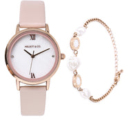 Shireen Rose Gold Leather Watch with Bracelet Set  (Pink)