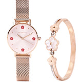 Susy Rose Gold Mesh Watch with Bangle Set  (Salmon)