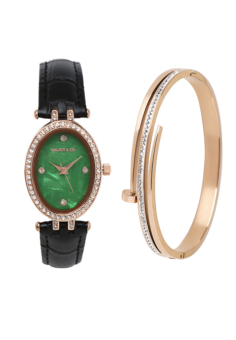 Ava Rose Gold Leather Watch with Bangle Set (Black)