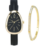 Fiona Gold Leather Analog Watches with Bangle Set (Black)