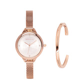 Valerie Mesh Strap Analog Watch with Bangle Set (Beige)