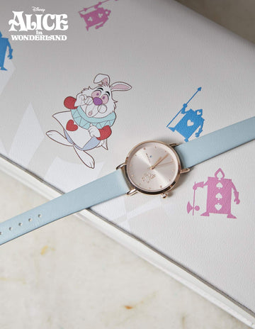 Disney Alice in Wonderland Teatime Rose Gold Leather Strap Watch (Steel Blue)