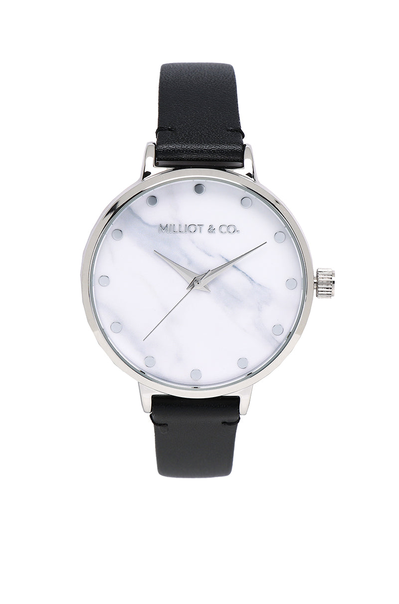 Calvin Silver Leather Strap Watch (Black)