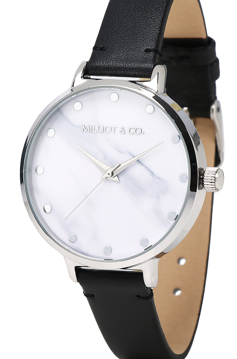 Calvin Silver Leather Strap Watch (Black)