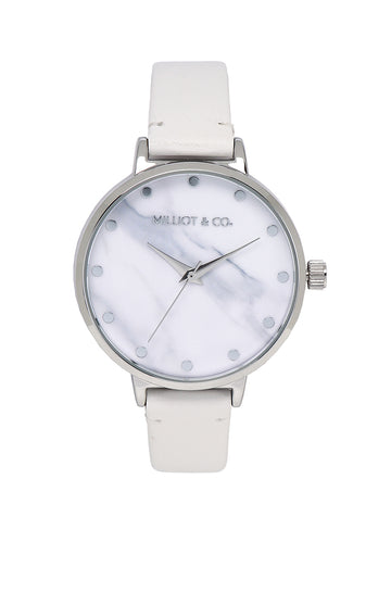 Calvin Silver Leather Strap Watch (White)