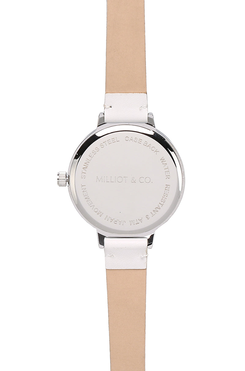 Calvin Silver Leather Strap Watch (White)