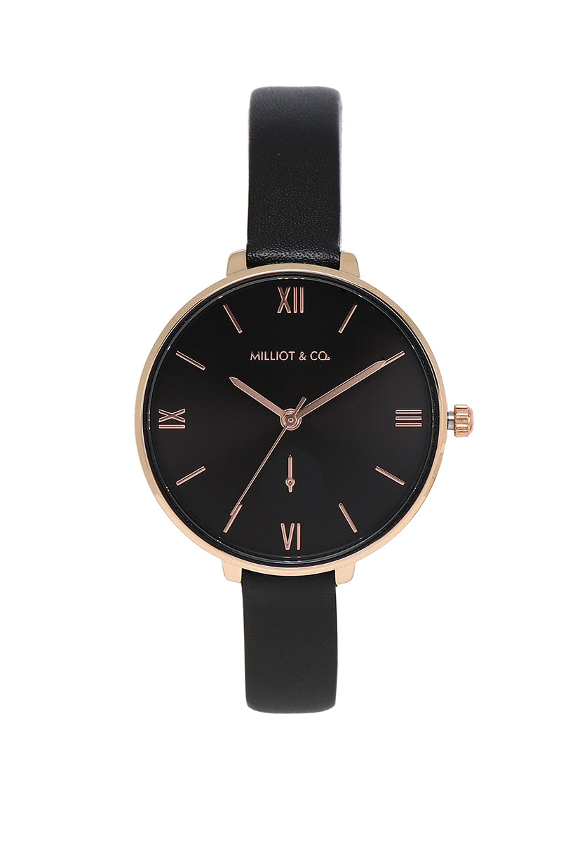 Olivia Gold Leather Strap Watch (Black)
