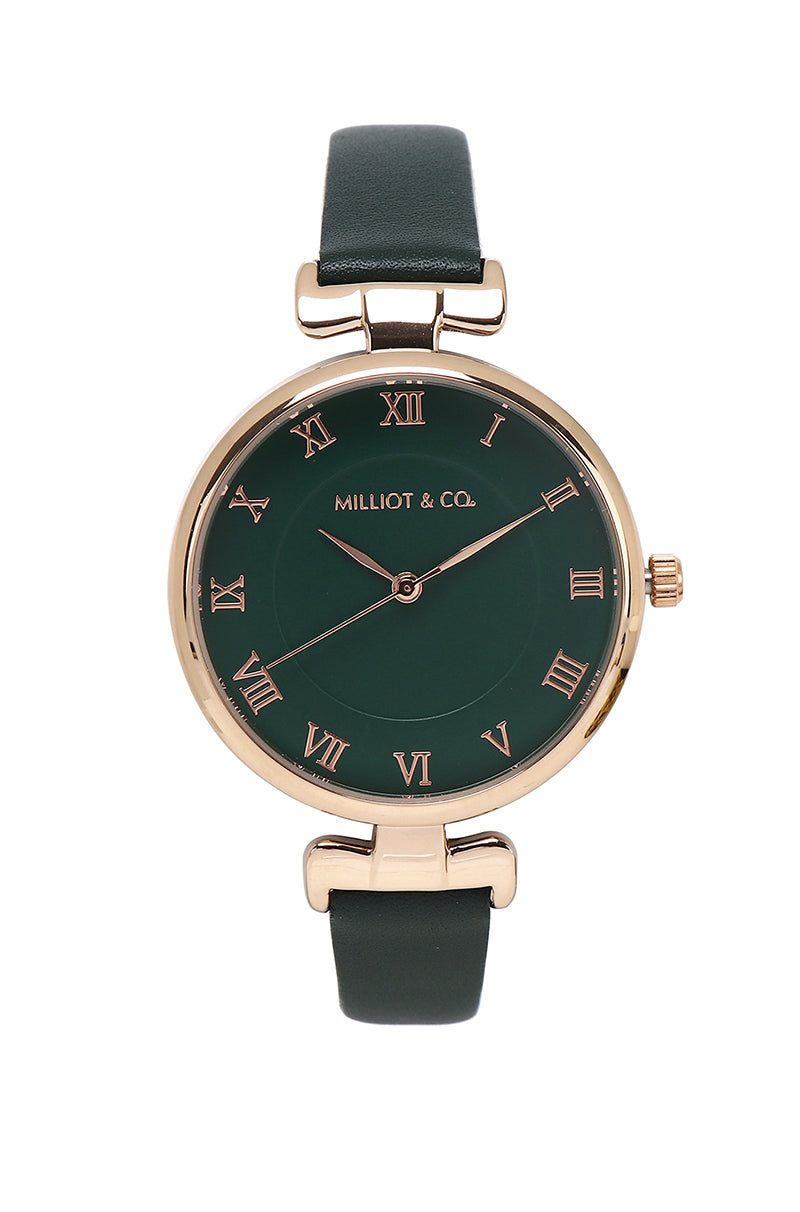 Hesy Rose Gold Leather Strap Watch (Dark Green)