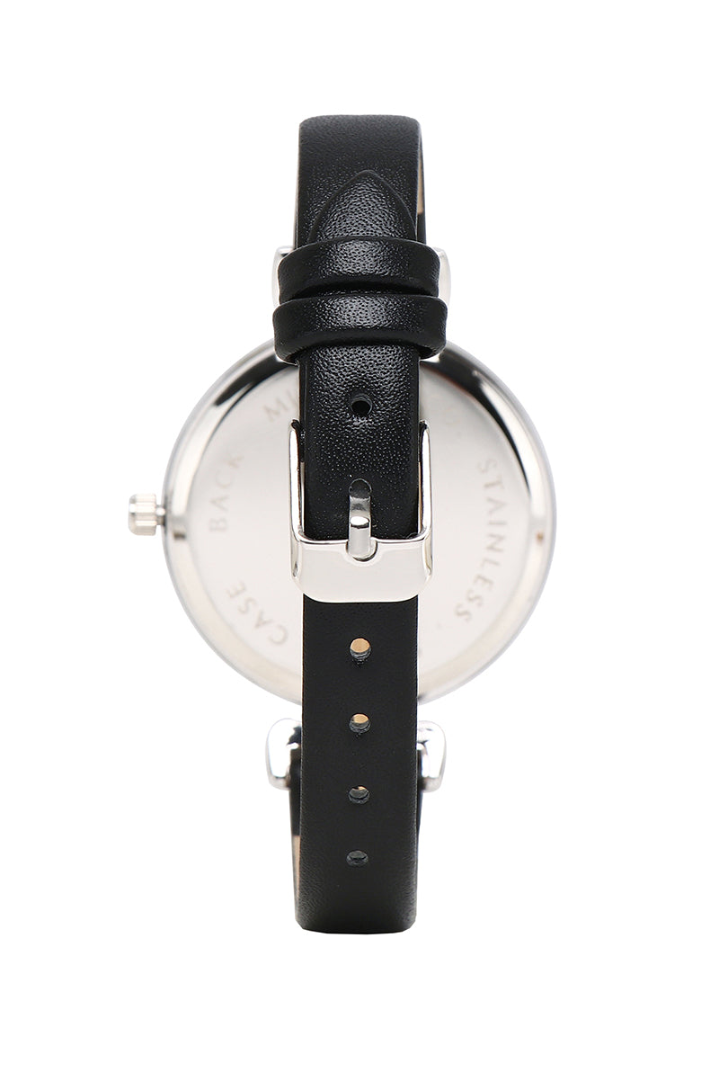 Hesy Silver Leather Strap Watch (Black)