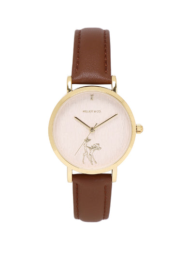 Disney Bambi Butterfly! Gold Leather Strap Watch (Brown)