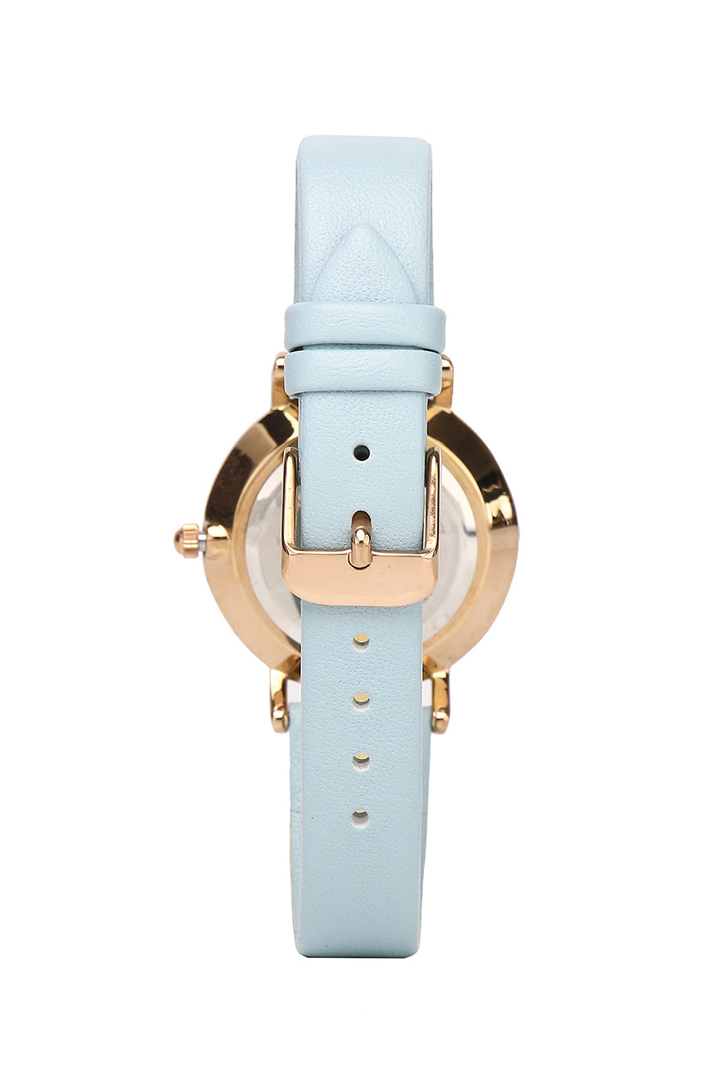 Disney Alice in Wonderland Teatime Rose Gold Leather Strap Watch (Steel Blue)